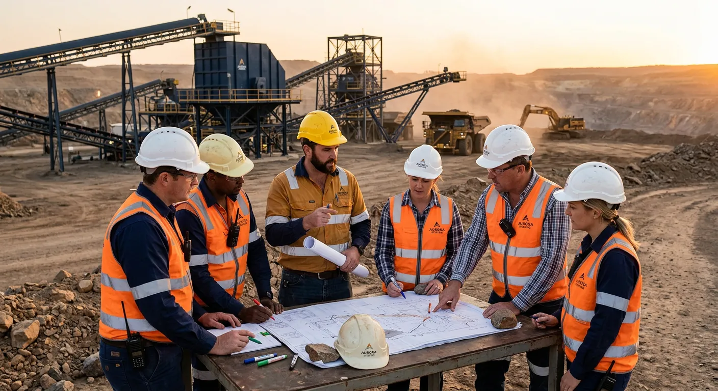 Mining professionals reviewing plans at an active mine site